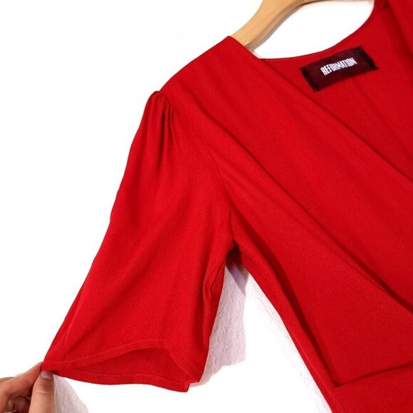 REFORMATION Melanie Belted Wrap Short Sleeve Plunging Midi Dress Cherry Red 2 - Picture 5 of 11